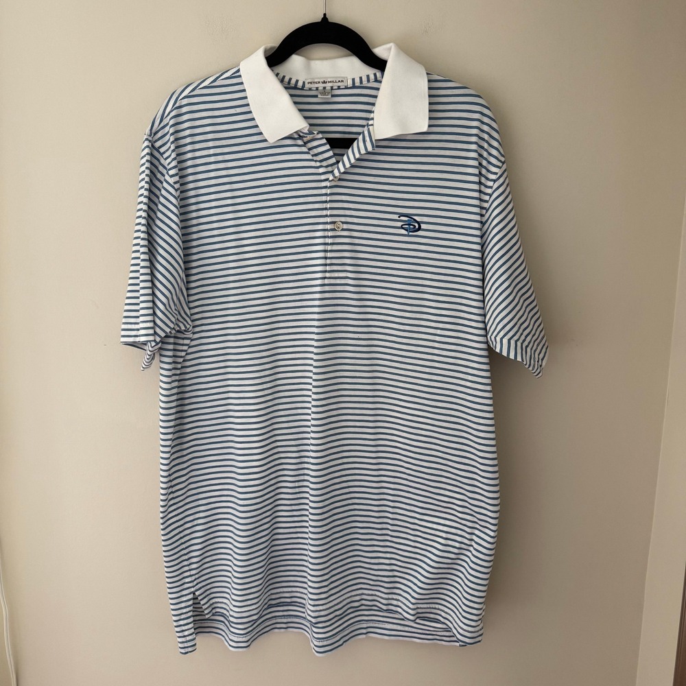 Peter Millar Mens Blue White Striped Cotton Golf Polo Shirt Disney Tee Logo L